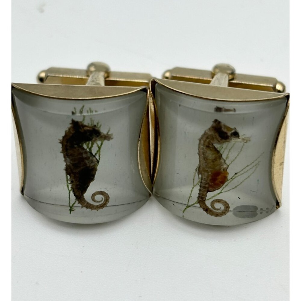 1960s Genuine Sea Life In Lucite Cuff Links-Aquatic Sea Life